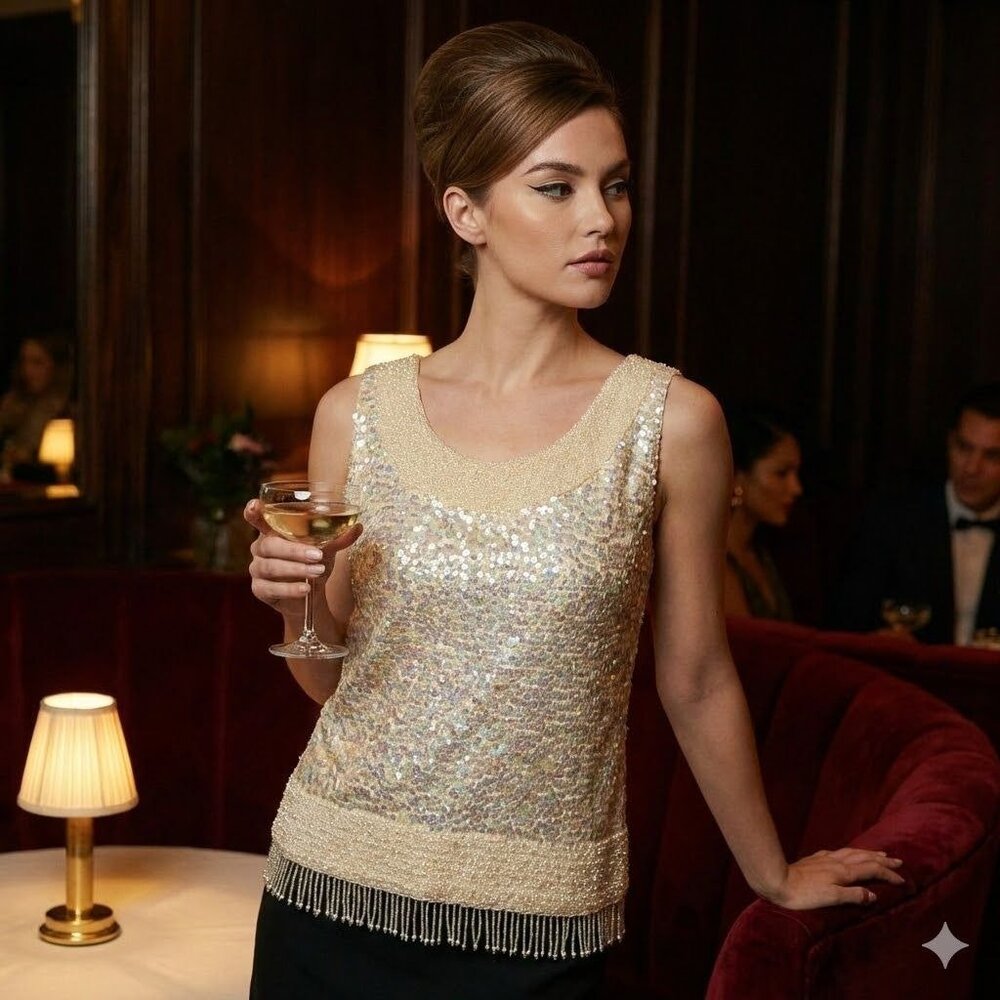 Vintage 1960s Hand Beaded Wool Sweater Tank Sequin Fringe Hem Vegas Glam Mod